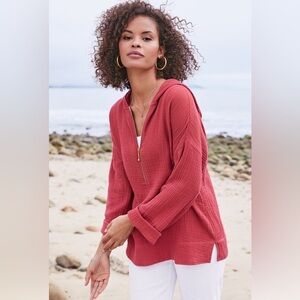 New SOFT SURROUNDINGS Kemia Gauze Hoodie dahlia Red Coastal Lagenlook 1/2 Zip